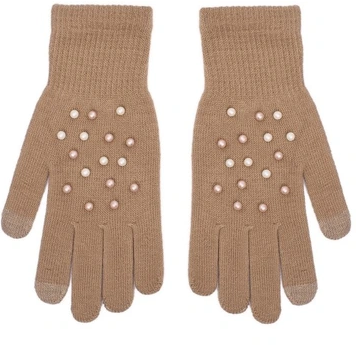 Light Brown Winter Gloves with Touchscreen Fingertips and Pearls Beads | R-166-LBR