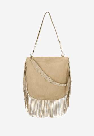 Wojas Beige Leather Boho Style Shoulder Bag with Fringes | 8025664