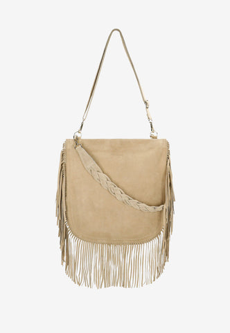 Wojas Beige Leather Boho Style Shoulder Bag with Fringes | 8025664