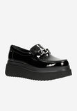 Wojas Black Leather Wedge Loafers with Silver Chain | 4619031