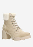 Wojas Beige Leather Heeled Ankle Boots with Insulating Fur | 6406464