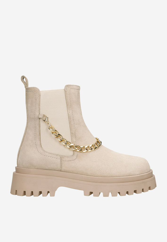 Skal pen Lake Taupo Wojas Beige Velour Split Leather Chelsea Boots with Golden Chain | 551 –  Luxahaus Beyond