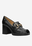Wojas Black High Heeled Leather Loafers with Golden Details | 46218-51