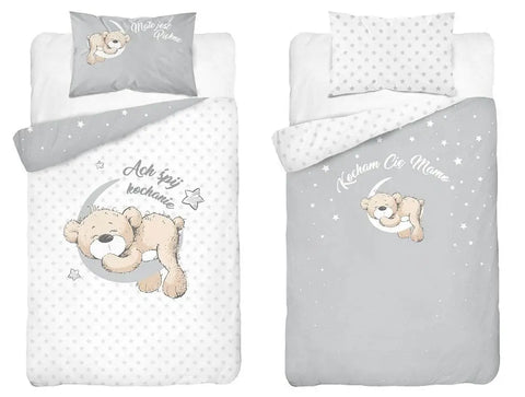 Kids' White and Gray Double-sided Duvet Set with Bear Print ~ 100 x 135 cm | 3944-A