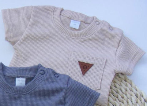 Boys' Beige Short Sleeve Waffle Knit Baby Bodysuit | GAM-05