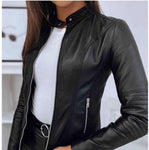 Black Eco-leather Biker Jacket with Stand-Up Collar | KU-1104