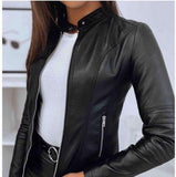Black Eco-leather Biker Jacket with Stand-Up Collar | KU-1104