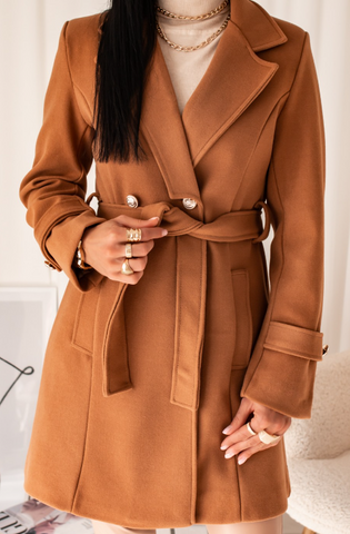 Womens' Caramel Brown Coat with Belt | HAL-97