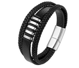Mens' Black Leather and Steel Plate Accent Bracelet | CBE90