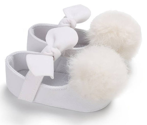 Girls' White Christening Pom Pom Flats with Non-Slip Soles | CHR-02