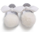 Girls' White Christening Pom Pom Flats with Non-Slip Soles | CHR-02