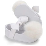 Girls' White Christening Pom Pom Flats with Non-Slip Soles | CHR-02