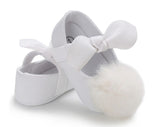Girls' White Christening Pom Pom Flats with Non-Slip Soles | CHR-02