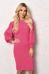 Pink Ribbed Puff-sleeve Sweater Dress | SW-20029-P