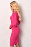 Pink Ribbed Puff-sleeve Sweater Dress | SW-20029-P