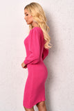Pink Ribbed Puff-sleeve Sweater Dress | SW-20029-P