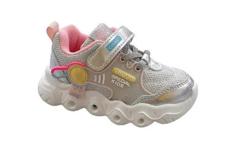 Girls' White and Silver Sneakers with Multicolor LED Lights | CLIMB-01