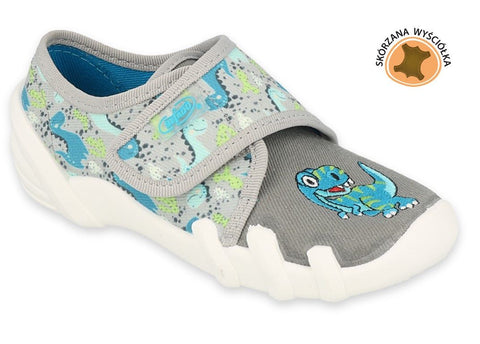 Befado Gray School Slippers with Blue Dinosaur | 273X342