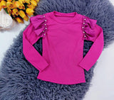 Girls' Ribbed Lightweight Long Sleeved Shirt with Fringes and Beads | HAL-125