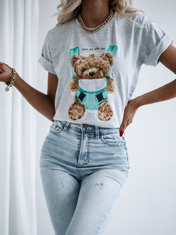 Light Gray T-Shirt with Teddy Bear Print | FL-38