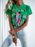 Green T-Shirt with Multicolor Birds Print | FL-34