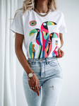 White T-Shirt with Multicolor Birds Print | FL-33