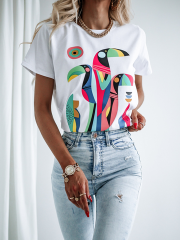 White T-Shirt with Multicolor Birds Print | FL-33