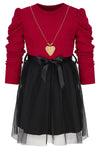 Girls' Double Color Ribbed Dress with Tulle and Golden Necklace | HAL-131