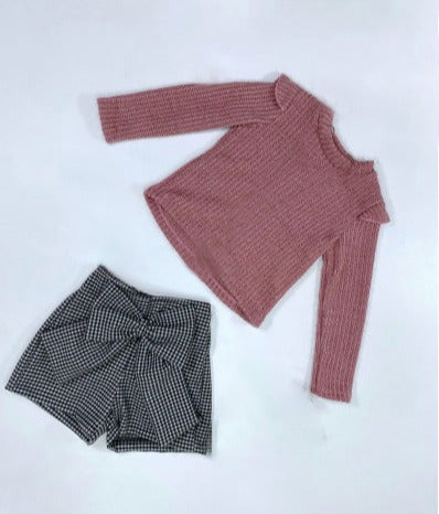 Girls' Dusty Dark Pink Sweater and Plaid Bow Shorts Set | 1111A622
