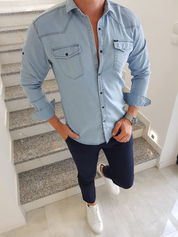 Men's Slim Fit Blue Jeans Shirt | KUD-KBJ
