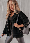 Black Alpaca Biker Jacket with Golden Buttons | HAL-150-BL