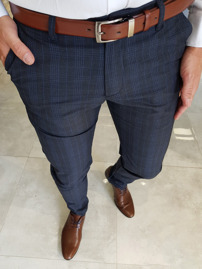 Adena Classic Navy Blue Slim Fit Plaid Pants – BRABION