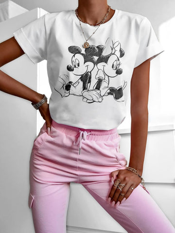 White T-Shirt with Mickey and Minnie Print | FL-25