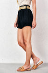 Women's Black Linen Shorts with Fringes and Belt | SP-5536-BL