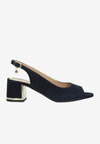Wojas Navy Blue Leather Open Toe Heels with Single Strap | 7604166