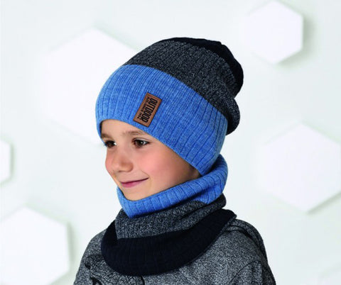 Boys' Ribbed Beanie with Patch and Tube Scarf Set ~ 4-15 years | 42/551-DB