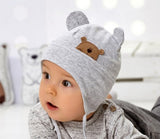 Gray Cotton Beanie with Teddy Bear Patch and Ears ~ 0-6 months | 44/024