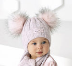 Girls' Gray & Pink Tied Hat with Two Pompoms and Scarf Set ~ 1-3 Years | 44/408-LG