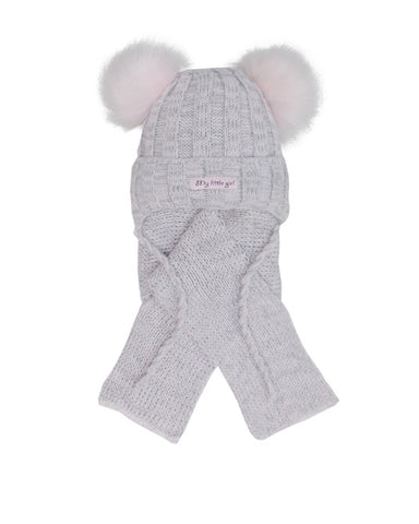 Girls' Gray & Pink Tied Hat with Two Pompoms and Scarf Set ~ 3-18 months | 44/408-LG