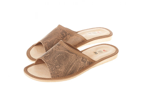 Women's Brown Patterned Leather Open Toe Slippers | WU-92
