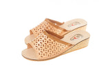 Women's Beige Leather Open Toe Slippers | WU-112