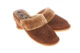 Women's Brown Leather Insulated Wedge Slippers with Fluffy Cuff | WU-209