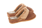Women's Brown Leather Insulated Wedge Slippers with Fluffy Cuff | WU-209