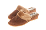 Women's Brown Leather Insulated Wedge Slippers with Fluffy Cuff | WU-209