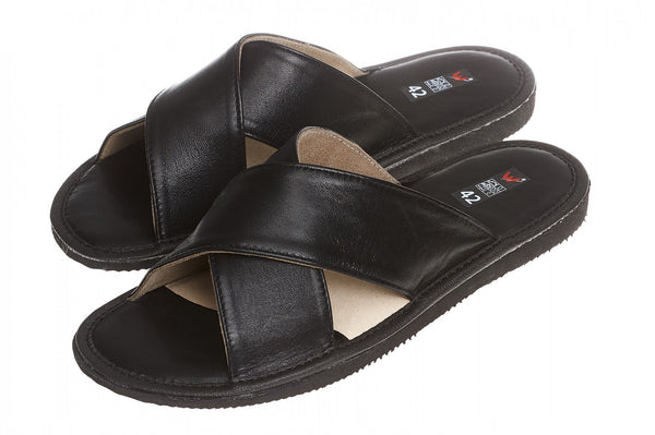 Men's Black Leather Open Toe Slippers WU-244