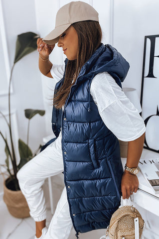 Women's Navy Blue Hooded Quilted Vest | HAL-89