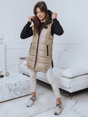 Women's Beige Hooded Quilted Vest with LA Patch | HAL-186