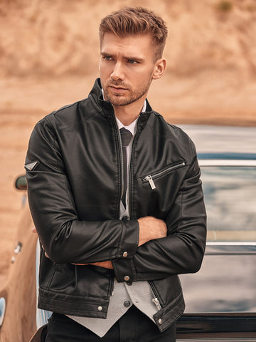 Men's Black Eco-Leather Biker Jacket | C604-V