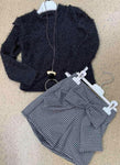 Girls' Black Sweater with Necklace and Plaid Bow Shorts Set | HAL-155