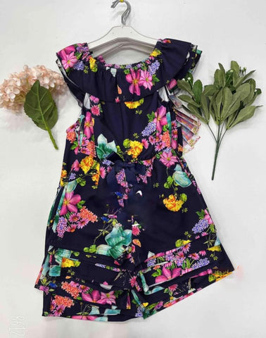 Girls' Navy Blue Romper with Floral Pattern | HAL-29